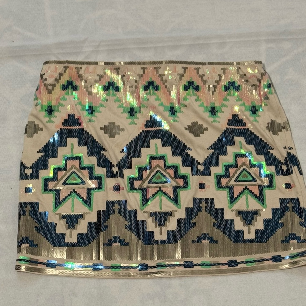 Geometric Sequin Mini Skirt in Green and Gold